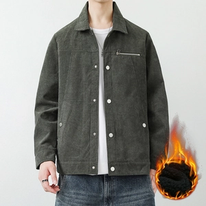 Men's dark green corduroy jacket with fleece lining and metal buttons for autumn