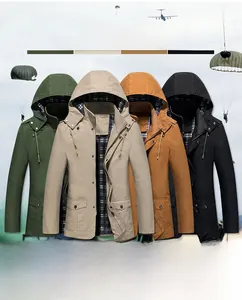 Detail view of hooded cargo jackets in four colors featuring plaid lining and utility pockets
