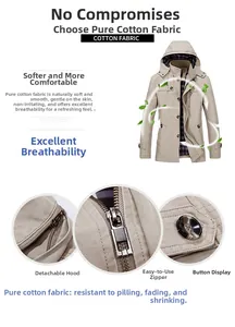 Detail view of cotton jacket featuring a detachable hood and a blue plaid lining