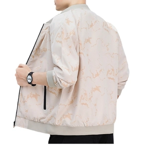 Giacca bomber da uomo beige con trama artistica marmorizzata marrone e finiture a coste