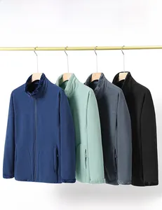 Winter fleece jackets in navy, mint, grey, and black colors hanging on a clothing rack