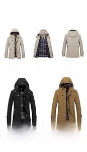 Detail view of men's casual hooded jacket in khaki, black, and taupe with plaid lining