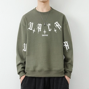 Men Gothic Letter Print Sweatshirt Fleece Lined Crew Neck Long Sleeve Pullover Loose Fit Streetwear Harajuku Style Top