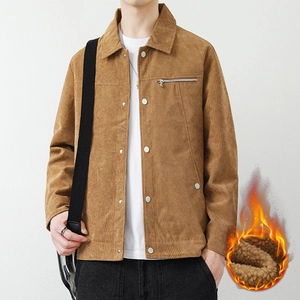 Men's khaki corduroy jacket with warm fleece lining and classic lapel design