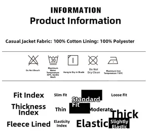 Detailed fabric composition and care guide for men's casual hooded jacket in 100% cotton
