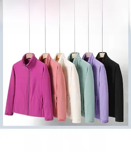 Detail of multi-color reversible polar fleece jackets with zipper pockets and stand collar