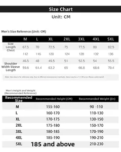 Detailed size chart for men's outdoor ski jacket covering sizes M to 5XL with measurements