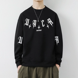 Men's black crewneck sweatshirt with white gothic letter prints and star elements