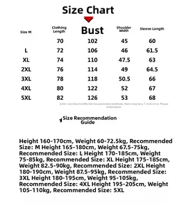 Detailed size chart for men's hooded jacket showing dimensions from size M to 5XL