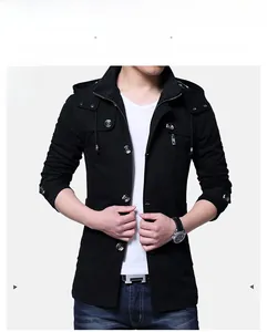 Close-up of men's black hooded jacket featuring metallic buttons and zipper detail
