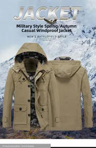 Detailed front and back views of a durable khaki cotton tactical jacket with a camouflage hood