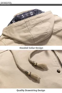 Detail of khaki men's hooded jacket with plaid lining and high-quality drawstrings