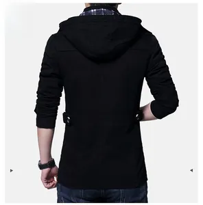 Detail view of men's black hooded jacket featuring back design and checkered lining