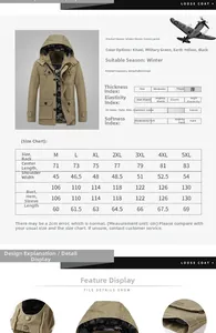 Detailed size guide table for men cotton work jacket showing measurements in centimeters