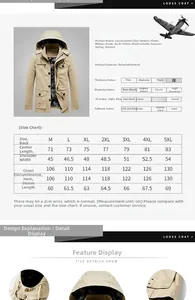 Detailed size chart and technical specifications for men's casual cotton jacket