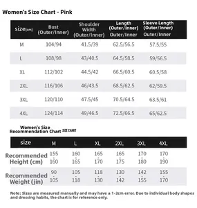 Guide des tailles pour veste outdoor 3 en 1 femme avec mesures de poitrine et de manche