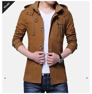 Detail view of khaki hooded jacket with drawstring, zipper closure and button accents