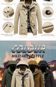 Detail of military hooded cotton jacket showing camouflage lining and multi-pocket design