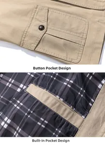 Detail of khaki jacket showing buttoned flap outer pocket and classic plaid inner lining