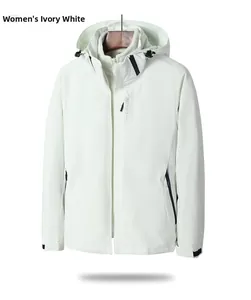 Détail de la veste outdoor blanc ivoire montrant la capuche et le zip explore