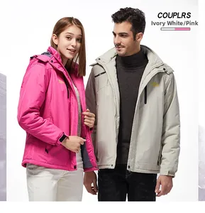 Couples windproof hooded hiking jackets in ivory white and rose red with mountain logo