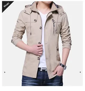 Detail view of khaki hooded jacket with classic plaid lining and shoulder epaulets