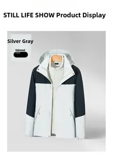 Détail de la veste 3-en-1 gris pierre et bleue avec doublure polaire blanche