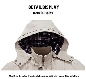 Detail display of khaki hooded jacket collar with metal zipper and plaid lining