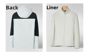 Vue détaillée de la veste imperméable montrant le dos et la doublure en polaire blanche