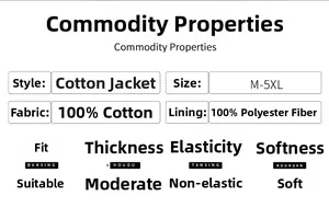 Tableau détaillé pour veste en coton montrant le matériau 100% coton et tailles M-5XL