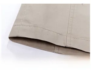 Detail of the khaki twill cotton jacket hem with durable double-needle stitching quality