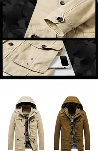 Detail of loose cotton jacket showing camo lining, cargo pockets and buttoned cuffs