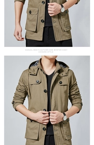 Close-up detail of khaki cotton utility jacket showing hood and black contrast buttons
