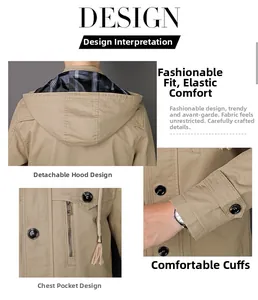 Détail de la veste en coton kaki montrant la capuche amovible et la doublure à carreaux
