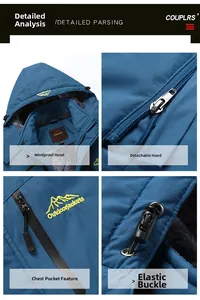 Detailed parsing of blue waterproof ski jacket with fleece lining and zipper pocket