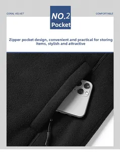 Detailed view of fleece jacket zipper pocket showing large capacity with a smartphone