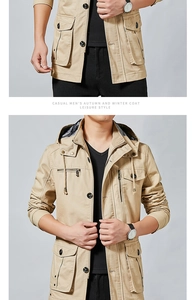 Detail view of khaki cotton hooded jacket featuring multi-pockets and drawstring design