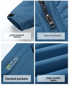 Detailed views of the windproof sleeves, zipper placket, and pockets of the blue ski jacket