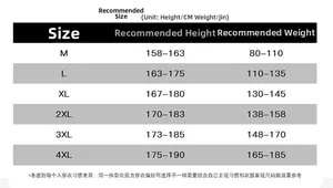 Guide des tailles détaillé pour veste homme en coton du M au 4XL avec poids et stature