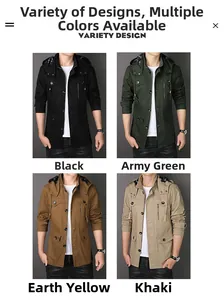 Veste à capuche en coton pour homme présentée en noir, vert armée, moutarde et kaki