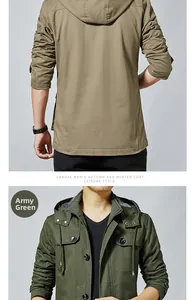 Detail of army green cotton work jacket featuring hood drawstrings and buttoned chest pockets