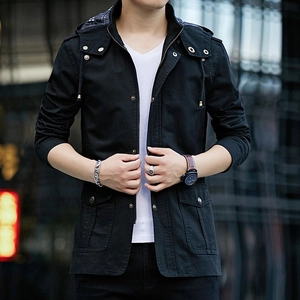 Men's black hooded trench coat jacket with classic plaid lining and urban casual style