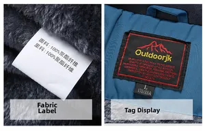Detail of the blue outdoor jacket showing thick grey fleece lining and inner labels