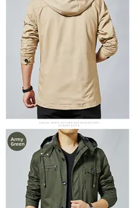 Close-up of drawstring hood and back stitching on cotton cargo jackets in khaki and green
