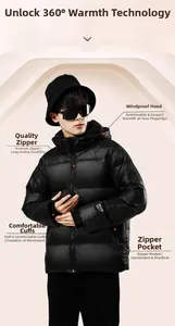 Detail of men's shiny black down jacket featuring windproof hood and high-quality zipper