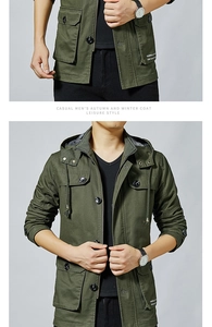 Detail shot of army green cargo jacket with multi-pocket design and cotton canvas texture