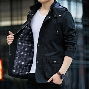 Men's hooded trench coat in black with stylish plaid lining and cargo pockets