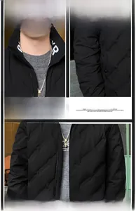 Detail of black quilted puffer jacket featuring stylish V R letter print on stand collar