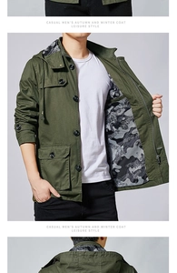 Detail of army green cotton cargo jacket showing drawstring hood and camouflage lining