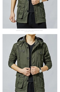 Detailed view of cargo cotton jacket with drawstring hood and flap pockets